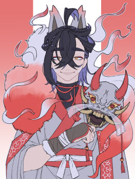 1boy black_hair colored_inner_hair commentary cosplay crossed_bangs eyeshadow facial_mark gradient_background hachigo_(user_fcvx3358) hair_between_eyes highres hisuian_zoroark hisuian_zoroark_(cosplay) holding holding_mask horned_mask japanese_clothes kieran_(pokemon) kimono makeup male_focus mask multicolored_hair nintendo obi one_side_up oni_mask pokemon pokemon_legends:_arceus pokemon_sv purple_hair red_eyeshadow red_fur sash smile solo thick_eyebrows two-tone_fur two-tone_hair unworn_mask white_fur wide_sleeves yellow_eyes