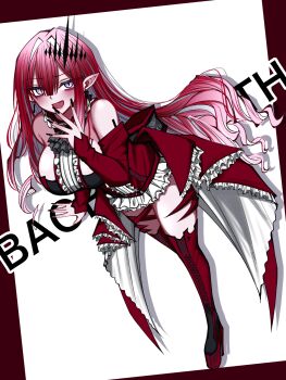 Rule 34 | 1girl, baobhan sith (fate), baobhan sith (first ascension) (fate), bare shoulders, blush, boots, breasts, center frills, character name, detached collar, detached sleeves, dress, earrings, fate/grand order, fate (series), frills, full body, grey eyes, highres, jewelry, large breasts, long hair, looking at viewer, mcpc zamurai, open mouth, platform heels, pointy ears, red boots, red dress, red hair, sidelocks, smile, solo, thigh boots, tiara