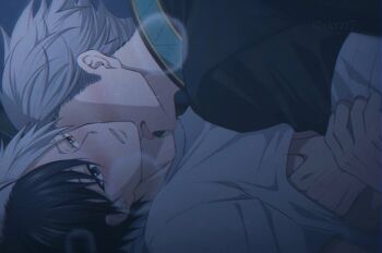 Rule 34 | 2boys, blue eyes, blush, commentary request, furin high school uniform, gakuran, hand under clothes, hand under shirt, heterochromia, highres, licking, licking another's neck, male focus, multicolored hair, multiple boys, puff of air, sakura923, sakura haruka (wind breaker), school uniform, shirt, sideburns, split-color hair, twitter username, umemiya hajime, upper body, white hair, white shirt, wind breaker (nii satoru), yaoi, yellow eyes