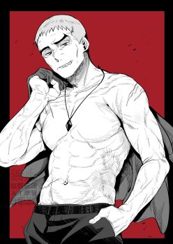 1boy absurdres belt black_background cheekbones greyscale_with_colored_background hand_in_pocket highres holding holding_jacket holding_unworn_clothes jacket jewelry looking_at_viewer male_focus manly muscular muscular_male nanu_(pokemon) nazuka_jyo nintendo old old_man pants pendant pokemon pokemon_sm red_background scar scar_on_shoulder short_hair simple_background smirk solo topless_male two-tone_background unworn_jacket veins veiny_arms z-crystal