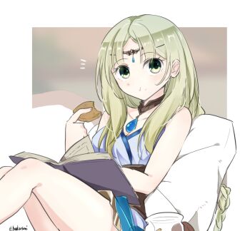 Rule 34 | 1girl, atelier (series), atelier lulua, bare shoulders, book, breasts, circlet, cleavage, closed mouth, commentary request, dress, eating, food, green eyes, holding, holding book, holding food, karasumi (aiseec), knees up, long hair, looking at viewer, medium breasts, notice lines, open book, piana (atelier), pillow, sitting, solo