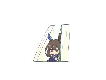 1girl admire_vega_(umamusume) animal_ears brown_eyes brown_hair chibi food hair_between_eyes highres horse_ears horse_girl horse_tail in_food jitome kawamochi_(kawauti919) knees_up long_hair pantyhose pleated_skirt purple_pantyhose purple_shirt purple_skirt sandwich school_uniform shadow shirt simple_background sitting skirt solo tail tracen_school_uniform umamusume white_background