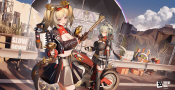 Rule 34 | 2girls, absurdres, bangboo (zenless zone zero), black jacket, black skirt, blue sky, breasts, brown hair, burnice white, caesar king (zenless zone zero), chinese commentary, cleavage, cloud, commentary request, eous (zenless zone zero), eyewear on head, flamethrower, green hair, highres, holding, holding flamethrower, holding weapon, jacket, large breasts, long hair, motor vehicle, motorcycle, multiple girls, open mouth, outdoors, red eyes, red moccus (zenless zone zero), revision, road, short hair, skirt, sky, sunglasses, twintails, weapon, xiaojuan (user ezvt7287), zenless zone zero