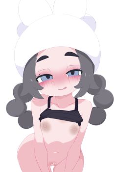 1girl ansha_(pokemon) bar_censor black_hair black_shirt blue_eyes blush bottomless braid censored clothes_lift collarbone flat_chest functionally_nude hat heart heart_censor kukuchi581 leaning_forward loli long_hair looking_at_viewer mesugaki navel nintendo nipples open_mouth pokemon pokemon_legends:_z-a pussy shirt shirt_lift smile standing tank_top twin_braids white_background white_hat wide_hips