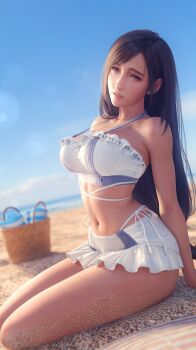 1girl 3d basket beach bikini bikini_skirt black_hair blue_sky breasts cloud day final_fantasy final_fantasy_vii final_fantasy_vii_rebirth final_fantasy_vii_remake highres large_breasts long_hair low-tied_long_hair navel outdoors parted_lips red_eyes sand sitting sky solo sreliata stomach swimsuit thighs tifa_lockhart tifa_lockhart_(shining_spirit) very_long_hair white_bikini