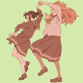 Rule 34 | 2girls, 55bata6rou, arm up, black hair, bow, brown hair, brown serafuku, brown shirt, brown shoes, brown skirt, closed eyes, closed mouth, dancing, floating hair, freckles, full body, green background, green neckerchief, hair bow, hibike! euphonium, highres, hisaishi kanade, holding hands, kenzaki ririka, kitauji high school uniform, loafers, long hair, long sleeves, multiple girls, neckerchief, open mouth, pleated skirt, red bow, school uniform, serafuku, shirt, shoes, short hair, simple background, skirt, smile, socks, standing, white socks