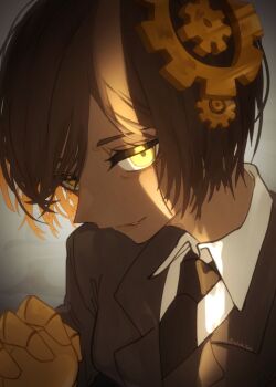 1girl brown_theme crack_of_light gears half-closed_eyes highres jacket limbus_company looking_at_viewer mature_eyes mature_female necktie outis_(project_moon) pmchell_04 project_moon sepia shirt short_hair simple_background smirk solo t_corp._(identity)_(project_moon)