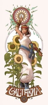 1girl akisawa_machi bandana blue_shoes brown_eyes brown_hair character_name dagger dark-skinned_female dark_skin dress final_fantasy final_fantasy_tactics flower full_body gauntlets highres knife rapha_galthena red_bandana shoes simple_background solo sunflower weapon white_dress white_hood