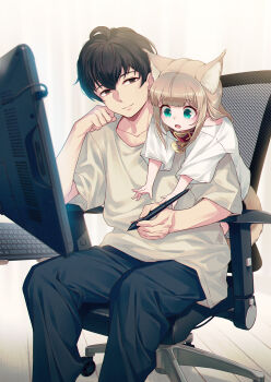 1boy 1girl 40hara animal_collar animal_ear_fluff animal_ears aqua_eyes artist_self-insert black_hair blonde_hair blunt_bangs brown_eyes cat_ears cat_girl cat_tail chair collar highres kinako_(40hara) long_hair monitor original red_collar shirt short_hair sitting smile stylus t-shirt tail wooden_floor