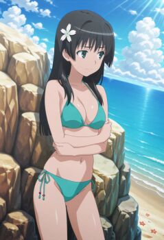 1girl against_rock artist_request beach bikini black_hair breasts cleavage crossed_arms flower green_bikini green_eyes hair_flower hair_ornament highres legs lips long_hair medium_breasts navel ocean official_style rock saten_ruiko side-tie_bikini_bottom solo sweatdrop swimsuit thighs toaru_kagaku_no_railgun toaru_majutsu_no_index water worried