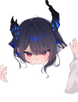 Rule 34 | 2girls, absurdres, black hair, blending, commentary, cunnilingus, female pov, hand on another's thigh, highres, hiroside, hololive, hololive english, horns, implied cunnilingus, long hair, looking at viewer, meme, multiple girls, negative space, nerissa ravencroft, oral, pov, red eyes, sfw illustration (meme), silhouette, simple background, virtual youtuber, white background, yuri