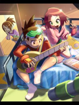 1boy 2girls :d bed book brown_eyes brown_hair closed_mouth commentary_request eyewear_on_head fingerless_gloves food geo_stelar_(mega_man) gloves green_eyes green_shorts guitar holding holding_guitar holding_instrument holding_tray hood hoodie hope_stelar_(mega_man) indoors instrument long_sleeves looking_at_viewer mega_man_(series) mega_man_star_force_(series) multiple_girls napo on_bed open_book open_mouth pink_gloves pink_hoodie ponytail purple_shirt red_gloves red_hair red_shirt shirt short_hair shorts sitting smile socks sonia_strumm_(mega_man) sweatdrop tray white_socks