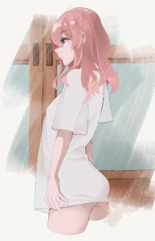 Rule 34 | 1girl, ass, ass peek, commentary request, cowboy shot, door, inui sajuna, medium hair, midori (user nstw2437), no pants, pink eyes, pink hair, profile, shirt, short sleeves, solo, sono bisque doll wa koi wo suru, t-shirt, underbutt, white shirt
