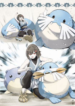 Rule 34 | 1girl, :3, absurdres, alternate eye color, apple hair ornament, arrow (projectile), arrow in mouth, black pants, blue kimono, brown eyes, brown hair, brown shoes, closed eyes, closed mouth, commentary request, evolutionary line, fangs, food-themed hair ornament, gen 3 pokemon, glassy0302, hair bun, hair ornament, highres, holding, holding arrow, holding poke ball, japanese clothes, kimono, kuraishi ringo (glassy0302), medium hair, mouth hold, multiple views, nintendo, nostrils, on one knee, open mouth, original, pants, poke ball, pokemon, pokemon (creature), pokemon legends: arceus, red eyes, sealeo, shoes, signature, single hair bun, sitting, sleeveless, sleeveless kimono, smile, socks, spheal, water drop, white socks, wing ball, yawning