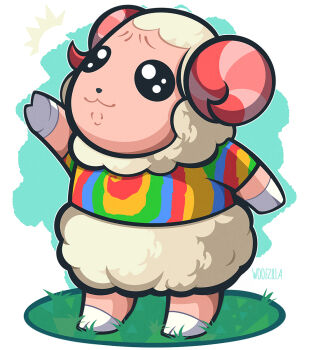 Rule 34 | :3, animal crossing, arm up, closed mouth, commentary, dom (animal crossing), english commentary, full body, grass, highres, horns, nintendo, sheep boy, shirt, short sleeves, signature, solo, standing, striped horns, t-shirt, tie-dye, wavy eyes, white background, woofzilla