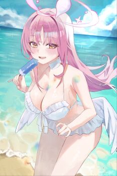 Rule 34 | 1girl, angel wings, beach, bikini, blue archive, blush, breasts, choker, cleavage, commentary request, feathered wings, food, frilled bikini, frills, gradient halo, halo, highres, large breasts, long hair, looking at viewer, low wings, mika (blue archive), mika (swimsuit) (blue archive), muffin (loveenanag), multicolored halo, navel, official alternate costume, official alternate hairstyle, pink hair, pink halo, popsicle, smile, solo, swimsuit, white bikini, white choker, white wings, wing ornament, wings, yellow eyes