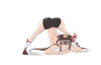 1girl absurdres armrest breasts brown_hair flexible flower genshin_impact hands_on_ground highres hu_tao_(genshin_impact) jack-o&#039;_challenge kneehighs looking_at_viewer meme self-upload small_breasts socks solo spread_legs symbol-shaped_pupils topless_female twintails wide_spread_legs