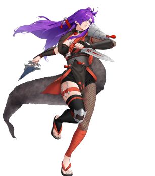 1girl attack black_choker breasts choker cleavage dagger female_shez_(fire_emblem) female_shez_(ninja)_(fire_emblem) fire_emblem fire_emblem:_three_houses fire_emblem_heroes fire_emblem_warriors:_three_hopes fishnet_pantyhose fishnets fur_scarf hair_bun hair_over_one_eye highres holding holding_dagger holding_knife holding_kunai holding_weapon japanese_clothes knife kunai long_hair medium_breasts nintendo non-web_source official_alternate_costume official_art pantyhose parted_lips purple_eyes purple_hair sandals scarf single_fishnet_legwear single_leg_pantyhose solo very_long_hair weapon