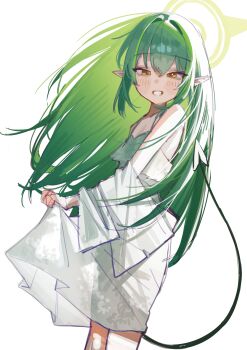1girl absurdres blue_archive dress green_hair half-closed_eyes halo highres hikari_(blue_archive) holypotato0 pointy_ears smile tail white_background white_dress yellow_eyes