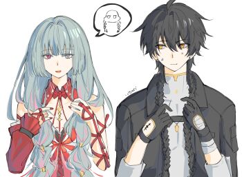 .osari 1boy 1girl alternate_hairstyle artist_name bandaged_hand bandages bare_shoulders black_gloves black_hair black_jacket braid closed_mouth dress fingernails gloves grey_eyes grey_hair grey_shirt hair_between_eyes heterochromia highres jacket long_hair looking_at_another looking_at_viewer low_twin_braids male_rover_(wuthering_waves) multicolored_hair nail_polish open_mouth phrolova_(wuthering_waves) red_dress red_eyes red_nails rover_(wuthering_waves) shirt simple_background smile streaked_hair sweatdrop twin_braids upper_body white_background wuthering_waves yellow_eyes