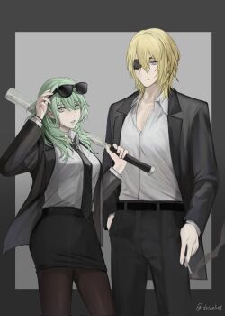 Rule 34 | 1boy, 1girl, adjusting eyewear, alternate costume, baseball bat, belt, black belt, black jacket, black necktie, black suit, breasts, brown pantyhose, cigarette, collared shirt, commentary, dimitri alexandre blaiddyd, dimitri alexandre blaiddyd (timeskip), eyepatch, eyewear on head, female byleth (awakened) (fire emblem), female byleth (fire emblem), fire emblem, fire emblem: three houses, formal clothes, green eyes, green hair, highres, holding, holding baseball bat, holding cigarette, jacket, long sleeves, medium breasts, medium hair, metal baseball bat, necktie, nintendo, official alternate eye color, official alternate hair color, open clothes, open jacket, pantyhose, pencil skirt, shirt, short hair, skirt, standing, suit, sunglasses, symbol-only commentary, tricoliet, white shirt