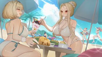 6+girls armlet ass beach beach_umbrella bikini blonde_hair blush breasts brown_dust_(series) brown_dust_2 cleavage coconut commentary_request covered_navel fang food fruit grapes hair_bun hair_ribbon high_heels highres horns huge_breasts ice_cream jewelry justia_(brown_dust) justia_(hot_summer_dream)_(brown_dust) kneeling large_breasts long_hair michaela_(brown_dust) multiple_girls necklace o-ring o-ring_bikini olivier_(brown_dust) open_mouth pearl_necklace red_eyes refithea_(brown_dust) ribbon short_hair sitting stomach sundae swimsuit thighs umbrella very_long_hair wariza white_bikini wilhelmina_(brown_dust) wilhelmina_(water_park_queen)_(brown_dust) yehsinnie zenith_(brown_dust) zenith_(poolside_guardian)_(brown_dust)