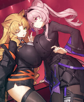 2girls alternate_breast_size_(larger) animal_ears arknights black_jacket black_pantyhose black_thighhighs blonde_hair breast_press breasts cat_ears cat_girl commentary green_eyes highres huge_breasts jacket lin_(arknights) looking_at_viewer melon22 mouse_ears mouse_girl multiple_girls one_eye_closed open_clothes open_jacket pantyhose pink_eyes pink_hair swire_(arknights) symbol-only_commentary thighhighs