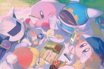 animal_ears anniversary apple_juice bag bandana bandana_waddle_dee beak beanie belt belt_buckle belt_collar bento blue_bandana blue_belt blue_hood blue_skin brown_eyes buckle cape chopsticks closed_eyes closed_mouth collar colored_skin covered_mouth cup cupcake disembodied_hand drinking everyone flower food fork fur-trimmed_robe fur_trim gear_print giving gloves grass hat highres holding holding_carton holding_cup holding_food holding_plate juice juice_carton kananishi king_dedede kirby kirby's_return_to_dream_land kirby_(series) light_blush long_sleeves looking_at_another magolor mask mask_on_head meta_knight nintendo no_humans no_mouth one_eye_closed outdoors picnic pink_skin plate pom_pom_(clothes) pom_pom_beanie purple_skin rayman_limbs red_flower red_headwear robe sandwich scarf shoes shoulder_bag sitting smile solid_oval_eyes tempura tomato tomato_slice white_cape white_gloves white_mask white_scarf wiping_mouth yellow_eyes yellow_gloves yellow_shoes