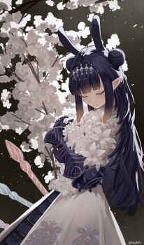 1girl absurdres black_gloves blunt_bangs bouquet closed_eyes crinoline double_bun dress flower gauntlets gloves gradient_hair hair_bun hair_ornament highres holding holding_bouquet hololive hololive_english long_hair mole mole_under_eye multicolored_hair ninomae_ina'nis ninomae_ina'nis_(ina_the_hero) pointy_ears purple_hair sidelocks single_gauntlet skytofu solo takodachi_(ninomae_ina'nis) tentacle_hair twitter_username virtual_youtuber white_dress white_flower