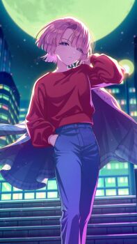1girl arimura_mao brown_hair building buttons gakuen_idolmaster game_cg hand_in_pocket highres holding idolmaster moon official_art pants purple_eyes railing sky solo stairs star_(sky) starry_sky unworn_clothes