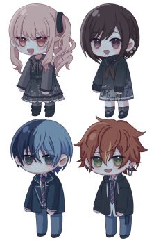 1girl 1other 2boys :d akiyama_mizuki androgynous aoyagi_touya belt_buckle black_eyes black_jacket black_shoes blazer blonde_hair blue_hair bob_cut brother_and_sister brown_eyes brown_hair buckle closed_mouth collared_shirt commentary diagonal-striped_clothes diagonal-striped_necktie drawstring ear_chain english_commentary floral_print full_body green_eyes highres hood hood_down hooded_jacket jacket kamiyama_high_school_uniform_(project_sekai) lapels linked_piercing long_hair long_sleeves looking_at_viewer miyotastic mole mole_under_eye multicolored_hair multicolored_necktie multiple_boys necktie notched_lapels open_clothes open_jacket open_mouth orange_hair piercing pink_eyes pink_hair project_sekai school_uniform shinonome_akito shinonome_ena shirt shirt_tucked_in shoelaces shoes short_hair siblings side_ponytail sidelocks simple_background smile socks split-color_hair streaked_hair striped_clothes sweater turtleneck turtleneck_sweater two-tone_hair white_background white_shirt