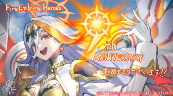 1girl baldr_(fire_emblem_heroes) baldr_(rays_of_judgment)_(fire_emblem_heroes) breasts cleavage drill_hair earrings fire_emblem fire_emblem_heroes gloves halo heterochromia jewelry large_breasts long_hair mechanical_wings multicolored_hair nintendo official_alternate_costume official_art okada_manabi open_mouth orange_hair orange_streaks red_eyes single_hair_streak smile solo streaked_hair teeth upper_body upper_teeth_only white_gloves wings yellow_eyes