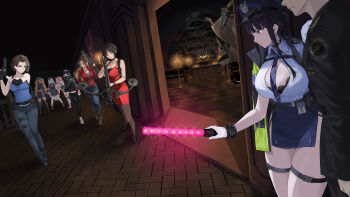 1boy 6+girls absurdres ada_wong baseball_cap black_hair black_jacket black_pants blue_necktie blue_tank_top bob_cut bow_(weapon) breasts brown_hair candle candlestand claire_redfield commander_(nikke) conductor_baton crossbow d_(killer_wife)_(secret_police)_(nikke) d_(nikke) deipara_(nikke) dress glowstick goddess_of_victory:_nikke grenade_launcher gun hallway handgun hat high_ponytail highres holding holding_crossbow holding_glowstick holding_gun holding_weapon holster indoors jacket jill_valentine large_breasts long_hair mask miniskirt miranda_(nikke) mouth_mask multiple_girls nagato_tsumugu necktie official_alternate_costume pants pink_hair poli_(nikke) police_hat ponytail quiry_(nikke) red_dress red_eyes red_jacket resident_evil short_hair skirt tank_top thigh_holster twintails very_long_hair weapon