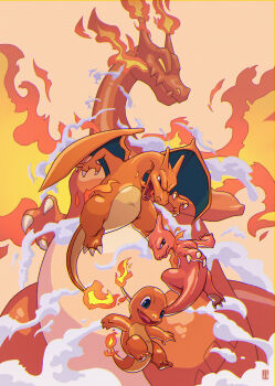 1other artist_name blue_eyes charizard charmander charmeleon claws colored_skin dynamax evolutionary_line fangs fire full_body gen_1_pokemon giant jackson_caspersz nintendo open_mouth orange_background orange_skin pokemon red_skin smle smoke tail wings yellow_background