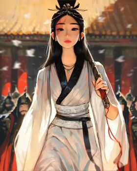 1girl 6+others armor black_eyes black_hair black_ribbon blurry blurry_background building burn_scar cowboy_shot falling_petals hair_bun headpiece helmet highres holding holding_sheath jade_pendant japanese_armor japanese_clothes jewelry kimono long_hair looking_at_viewer multiple_others necklace original over_shoulder petals ribbon sam_yang scar serious sheath sheathed waistband walking walking_towards_viewer weapon weapon_over_shoulder white_kimono