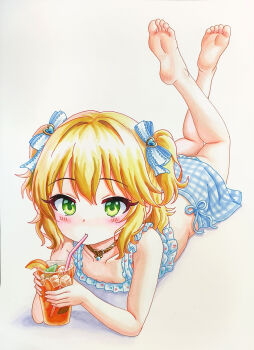 1girl absurdres bare_arms bare_legs barefoot bikini bikini_skirt blonde_hair blue_bikini blush collarbone cup drink drinking_glass drinking_straw drinking_straw_in_mouth eyelashes flat_chest frilled_bikini frills full_body green_eyes grey_background hair_ribbon highres holding holding_drink ice ice_cube idolmaster idolmaster_cinderella_girls jewelry legs_up looking_at_viewer lying medium_hair necklace on_stomach plaid_clothes plaid_skirt print_bikini ribbon sakurai_momoka simple_background skirt soles solmyr2000 solo swimsuit toes two_side_up white_bikini