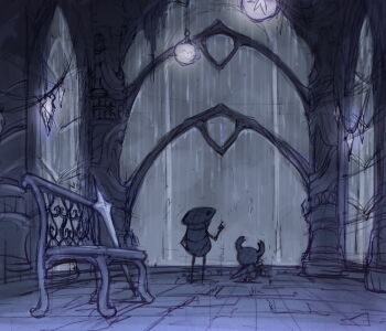 bench fuifui hollow_knight horned_mask knight_(hollow_knight) mask mask_on_head nail_(hollow_knight) pointing quirrel rain sketch standing window