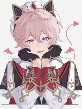 1boy :d absurdres ahoge beret black_capelet black_gloves capelet dahlia_(genshin_impact) demon_tail demon_wings drawn_tail drawn_wings elbow_rest fang genshin_impact gloves gold_trim hair_between_eyes hands_up hashtag-only_commentary hat head_rest highres long_sleeves looking_at_viewer male_focus nya_inuha open_mouth pink_hair purple_eyes shirt short_hair simple_background skin_fang smile solo tail tassel upper_body white_background white_hat white_shirt wings