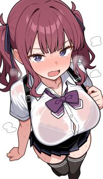 1girl absurdres black_skirt black_thighhighs blush bow bowtie bra bra_visible_through_clothes breasts button_gap cevio fangs highres large_breasts long_hair looking_at_viewer mole mole_under_eye natsuki_karin open_mouth petite pink_hair pleated_skirt purple_bow purple_bowtie purple_eyes school_uniform shiguren_39 shirt short_sleeves simple_background skin_fangs skirt solo suspender_skirt suspenders sweat synthesizer_v thighhighs thighs twintails underwear white_background white_shirt