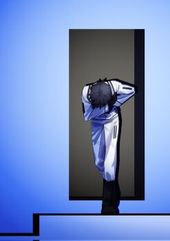 1boy black_gloves black_hair bowing commentary door english_commentary fate/grand_order fate_(series) fujimaru_ritsuka_(male) fujimaru_ritsuka_(male)_(decisive_battle_chaldea_uniform) full_body gloves highres leaning_forward long_sleeves pants seyyu_tsk14 shadow short_hair solo striped_clothes the_truman_show white_pants