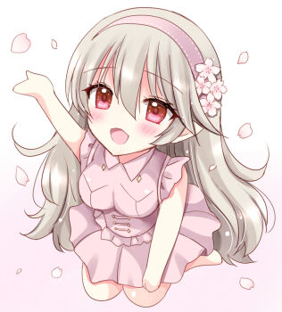 Rule 34 | 1girl, :d, arm up, bare arms, barefoot, blush, breasts, brown hair, chibi, chibi only, commentary request, female corrin (fire emblem), fire emblem, fire emblem fates, flower, full body, gradient background, hair between eyes, hairband, kirishima riona, long hair, medium breasts, nintendo, open mouth, petals, pink background, pink flower, pink hairband, pink shirt, pink skirt, pleated skirt, red eyes, shirt, sitting, skirt, sleeveless, sleeveless shirt, smile, solo, very long hair, wariza, white background