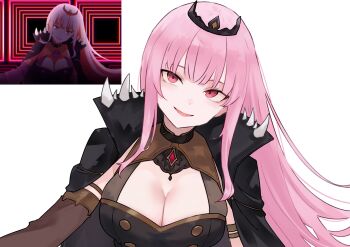 1girl bluefield breasts cleavage commentary highres hololive hololive_english large_breasts long_hair looking_at_viewer mori_calliope mori_calliope_(1st_costume) open_mouth pink_hair red_eyes simple_background smile solo tiara upper_body virtual_youtuber white_background