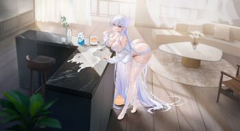 1girl absurdly_long_hair absurdres albion_(a_fairy-tale_breakfast)_(azur_lane) albion_(azur_lane) ass azur_lane bare_shoulders bent_over blue_eyes blush bra breast_rest breasts breasts_on_table butt_crack butterfly_hair_ornament cleavage collared_shirt couch cup curtains feet flower full_body glass grey_hair hair_ornament highres huge_ass indoors lace lace-trimmed_legwear lace-trimmed_thighhighs lace_trim large_breasts leaning_forward leaning_on_object legs long_hair long_legs long_sleeves looking_at_viewer manjuu_(azur_lane) milk milk_carton no_shoes non-web_source official_alternate_costume official_art open_clothes open_shirt panties plant pointy_ears potted_plant see-through_clothes shirt skindentation solo spill spilled_milk standing stool sunlight table thighhighs thighs thong underwear vase very_long_hair white_flower white_hair white_shirt white_thighhighs window wooden_floor