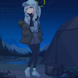 Rule 34 | 1girl, baseball cap, black pantyhose, black scarf, blue archive, brown jacket, camping, drawstring, forest, full body, grass, green eyes, grey hair, grey shorts, hair between eyes, half updo, hare (blue archive), hare (camp) (blue archive), hat, highres, jacket, knees together feet apart, long hair, long sleeves, looking to the side, mountainous horizon, nature, night, night sky, off shoulder, open clothes, open jacket, outdoors, pantyhose, pixel art, pond, ponytail, rock, scarf, shirt, shoes, shorts, sidelocks, sky, sneakers, solo, star (sky), starry sky, tent, tinia etru, white footwear, white hat, white shirt