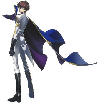1boy adjusting_cape adjusting_clothes arm_at_side black_gloves black_shirt blue_cape cape closed_mouth coat code_geass code_geass:_genesic_re;code cropped_torso full_body gloves gold_trim green_eyes hand_up high_collar highres jacket knights_of_the_round_uniform kururugi_suzaku long_sleeves looking_at_viewer looking_back male_focus military_uniform official_art serious shirt sidelocks simple_background solo standing transparent_background two-sided_cape two-sided_fabric upper_body v-shaped_eyebrows white_coat white_jacket