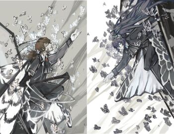 2boys animal_print antennae arthropod_limbs black_eyes black_pants black_suit blue_eyes brooch brown_hair bug butterfly butterfly_hair_ornament cigarette coffin collared_shirt double-parted_bangs e.g.o_(project_moon) formal_clothes frills glasses gloves gregor_(project_moon) hair_between_eyes hair_flowing_over hair_ornament hair_tie heterochromia high_ponytail highres hong_lu_(project_moon) insect jewelry kalliope_orc limbus_company long_hair long_sleeves low_ponytail male_focus multiple_boys outstretched_hand pants ponytail project_moon shirt short_hair signature solemn_lament_(e.g.o) split_screen suit too_many too_many_butterflies very_long_hair white_gloves white_shirt