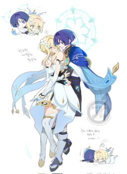 ! 1boy 1girl anemo_symbol_(genshin_impact) arm_cutout belt black_belt black_bodysuit black_bow black_gloves black_sandals black_shorts blonde_hair blue_cape blue_flower blue_gem blue_halo blue_sleeves blue_trim blunt_ends bodysuit bow breasts cape carrying carrying_person chibi chibi_inset choppy_bangs cleavage clothing_cutout commentary_request covered_collarbone detached_sleeves dress faceplant facing_down falling feathers floating flower flying full_body furisode gem genshin_impact gloves glowing_gem gold gold_shoes hair_flower hair_intakes hair_ornament halo halo_behind_head halterneck hetero highres hip_vent hug hug_from_behind japanese_clothes jewelry kimono korean_commentary korean_text layered_sleeves leg_warmers levitation looking_at_another looking_at_viewer looking_to_the_side lumine_(genshin_impact) lying magic_circle mandala mandarin_collar medium_breasts multicolored_flower multicolored_hair on_stomach open_mouth partially_fingerless_gloves pom_pom_(clothes) purple_eyes purple_hair purple_rope purple_sash rope sandals sash scaramouche_(genshin_impact) scarf scene_reference shoes short_hair short_hair_with_long_locks short_sleeves shorts shoulder_peek sia37068010 sidelocks spoilers spoken_exclamation_mark stirrup_legwear streaked_hair sweatdrop thighhighs thighlet toeless_legwear translation_request vambraces wanderer_(genshin_impact) watermark white_background white_dress white_flower white_leg_warmers white_scarf white_sleeves white_thighhighs white_trim yellow_eyes yellow_feathers zouri