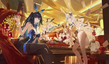 4girls abigail_(black_survival) abigail_(poker_face)_(black_survival) animal_ear_fluff animal_ears apple arm_garter arm_support armpits artist_request ass bare_legs bare_shoulders bent_over black_gloves black_hair black_hairband black_leotard black_survival blonde_hair blue_eyes blue_hair blue_leotard blue_nails bow bowtie breasts brown_pantyhose card chair check_artist cleavage closed_mouth clothing_cutout colored_inner_hair cropped_jacket crossed_legs cutout_above_navel dartboard detached_collar dice eternal_return:_black_survival expressionless fake_animal_ears fake_tail feather_boa fishnet_pantyhose fishnets food frown fruit gloves gold_trim gradient_gloves green_jacket hair_bow hair_ornament hairband hairclip halterneck hand_on_own_hip hand_up high_heels highleg highleg_leotard highres holding holding_money huhi_(huhi_1211) jacket jenny_sinclair jenny_sinclair_(queen_of_hearts) jewelry large_breasts legs leotard long_hair looking_at_viewer medium_breasts minami_rio minami_rio_(winning_shot) money multicolored_hair multicolored_jacket multiple_girls nail_polish nicky_blake nicky_blake_(bad_beat) off_shoulder official_alternate_costume official_art one_eye_closed open_clothes open_jacket open_mouth orange_eyes orange_jacket outstretched_arm pantyhose parted_bangs partially_fingerless_gloves playboy_bunny playing_card poker_chip poker_table ponytail rabbit_ears rabbit_tail red_leotard shirt side-tie_leotard sitting sleeveless sleeveless_shirt spaghetti_strap standing strapless strapless_leotard streaked_hair table tail thigh_strap thighlet thighs twintails twisted_torso two-tone_hair two-tone_jacket undershirt v-shaped_eyebrows very_long_hair white_gloves white_hair white_shirt wrist_cuffs yellow_leotard