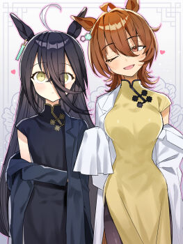 2girls ;d adapted_costume agnes_tachyon_(umamusume) ahoge animal_ears black_coat black_dress black_hair china_dress chinese_clothes coat dress ear_tag earrings hair_between_eyes head_tilt highres horse_ears horse_girl huge_ahoge jewelry lab_coat long_bangs long_hair long_hair_between_eyes long_sleeves looking_at_another looking_at_viewer mandarin_collar manhattan_cafe_(umamusume) multiple_girls nochatea one_eye_closed open_mouth pelvic_curtain short_sleeves side_slit single_earring sleeves_past_fingers sleeves_past_wrists smile umamusume white_coat white_hair wolf_cut yellow_dress yellow_eyes