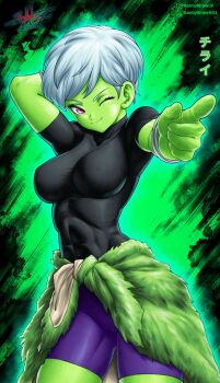 1girl abs absurdres artist_name bike_shorts bodysuit breasts broly_(dragon_ball_super) broly_(dragon_ball_super)_(cosplay) cheelai colored_skin cosplay dragon_ball dragon_ball_super dragon_ball_super_broly fur_(clothing) green_skin highres looking_at_viewer muscular muscular_female one_eye_closed pelt pixie_cut pointing purple_eyes santydraws01 short_hair solo thighs tight_top white_hair